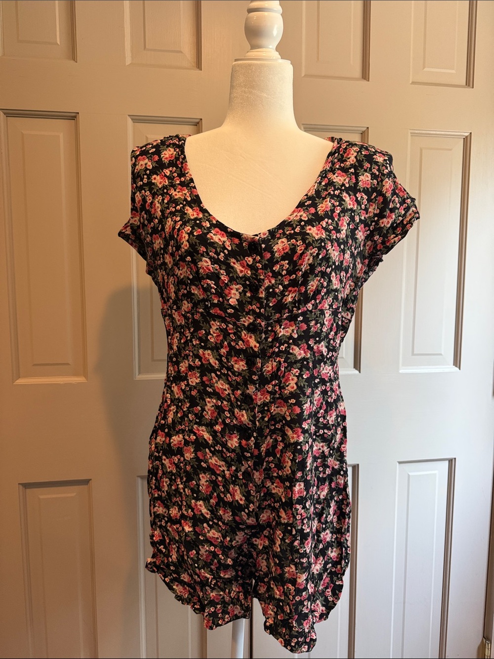 Vintage 1990s Equation Short Sleeve Black and Pink Floral Romper